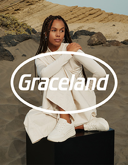 Woman on a stool in the desert with graceland sneaker